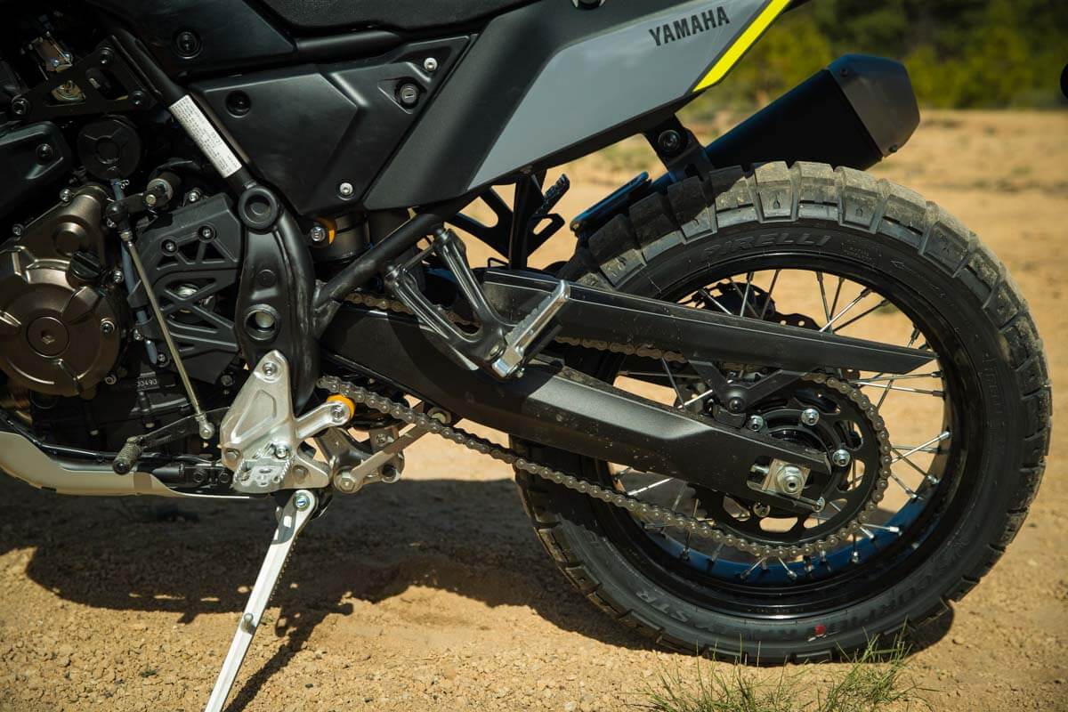 Close up of the 2021 Yamaha Tenere 700's Anti Squat Feature.
