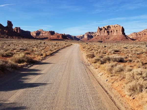 Image of the road from Moab Utah to Bluff Utah for Spirit of the Southwest tour by RIDE Adventures