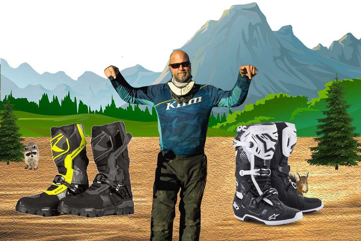 Eric displaying the options of a motocross boot vs a adventure motorcycle boot.