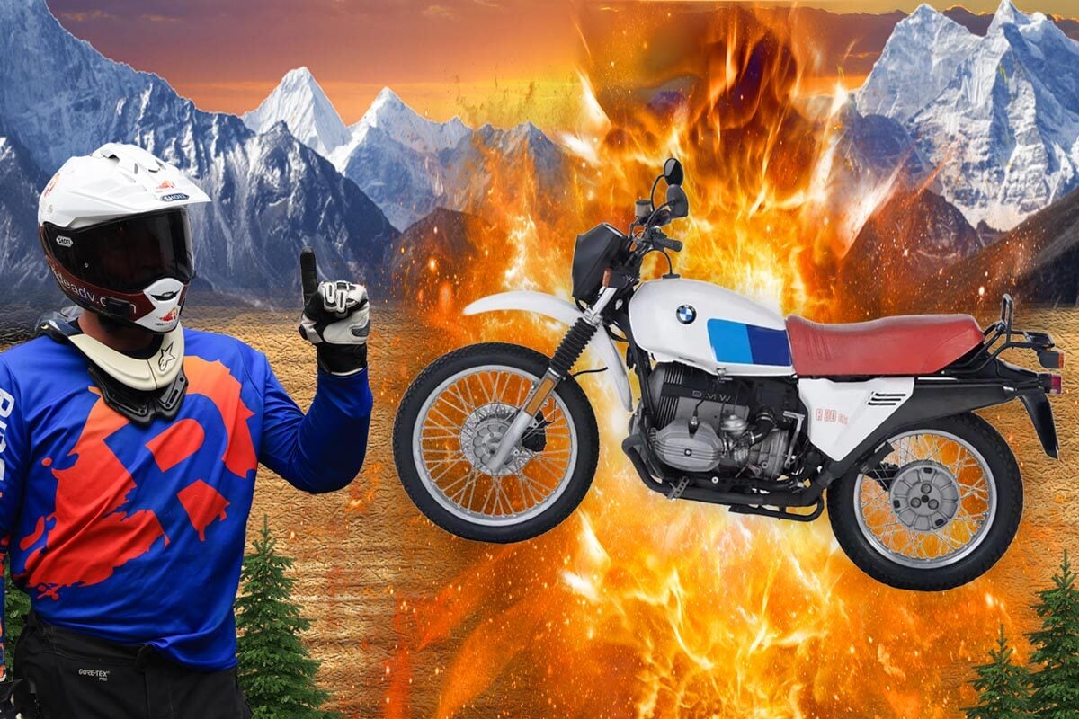 Eric holding up a finger to make a point about buying a used ADV motorcycle.