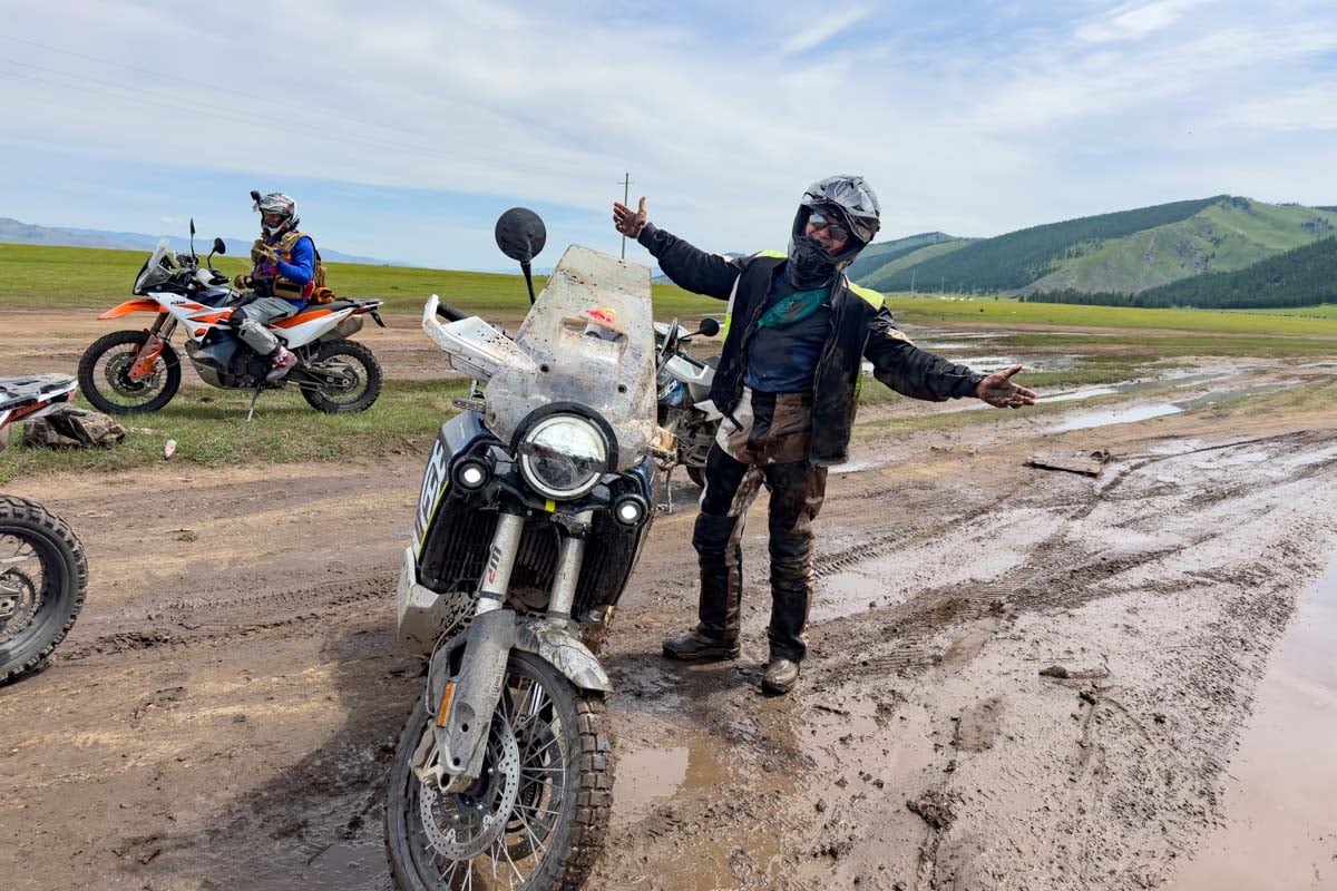 Gilbert going down in the mud in Mongolia