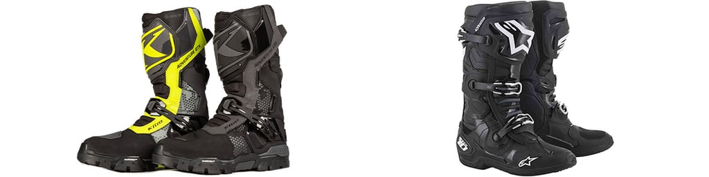 Klim Adventure GTX & Alpinestars Tech 10 motorcycle boot product shots.