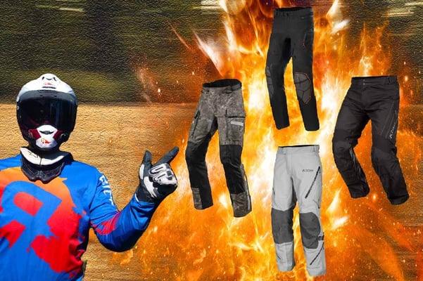 Eric points at a bunch of adventure motorcycle pants that he suggests are the best in 2023.