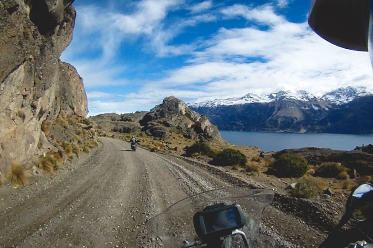 First person view riding in Patagonia with a cockpit full of adventure motorcycle accessories