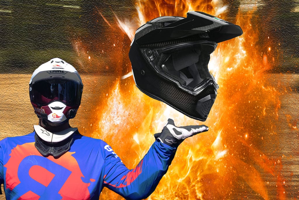 Eric holding up the AGV AX9 Carbon Motorcycle Helmet.