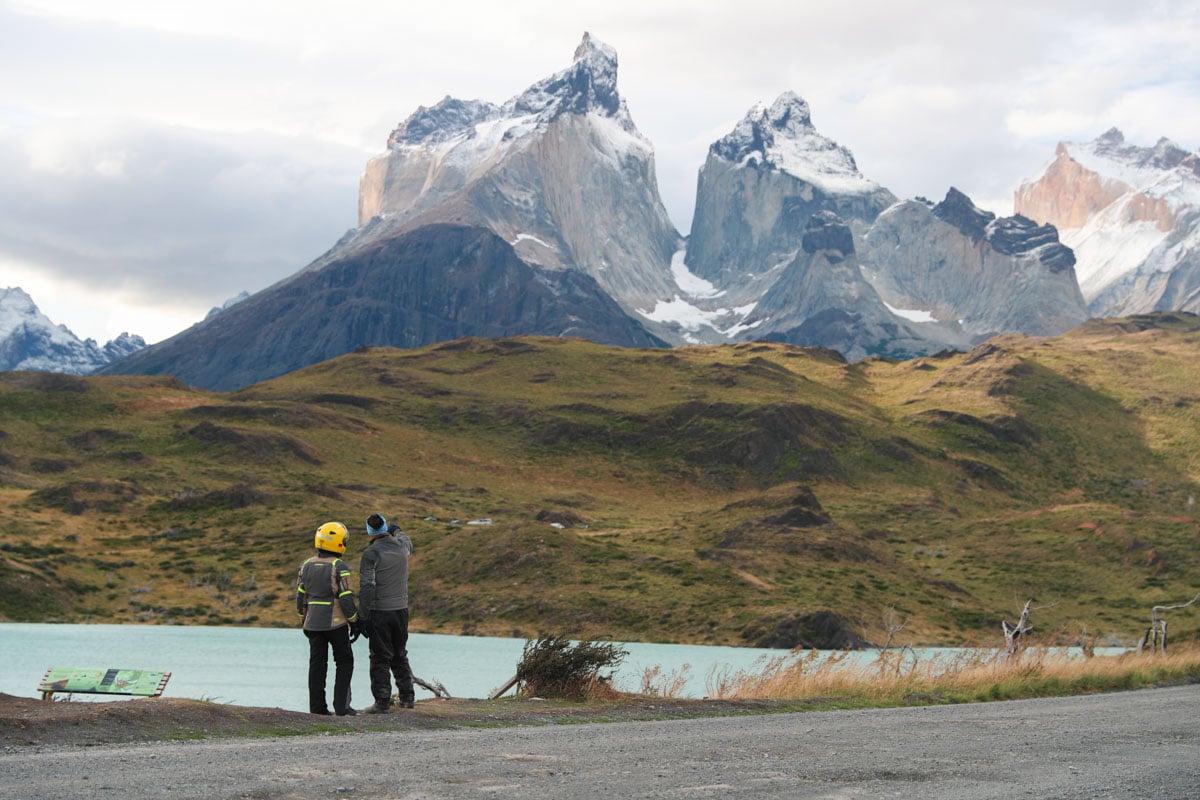 bringing the loved ones two riders husband and wife couple viewing patagonias torres del paine together
