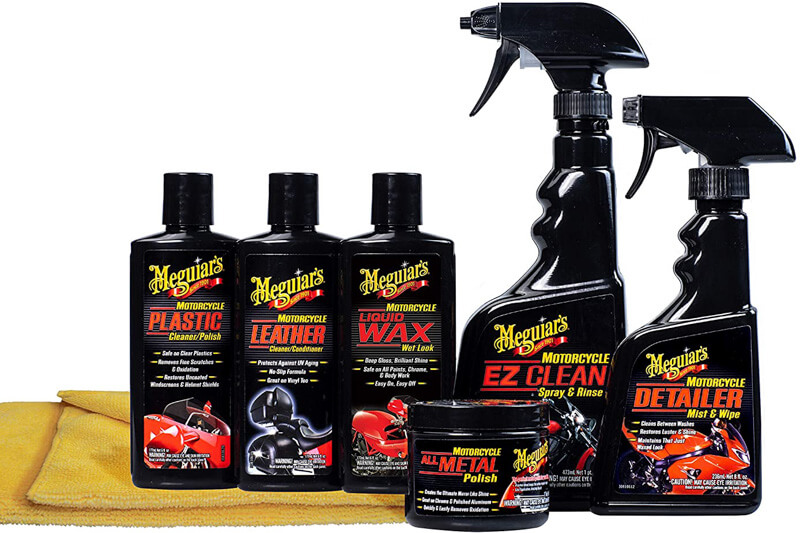 Close up product shots of Meguiar's motorcycle detail kit. 