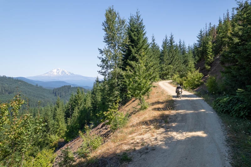 Pacific Northwest forest with a mountain in the background as a rider is blazing down a dirt trail on his dual sport motorcycle.
