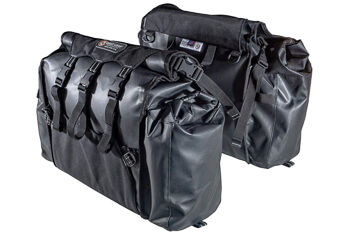 Product shot of Giant Loop's Round The World adventure motorcycle soft luggage. 