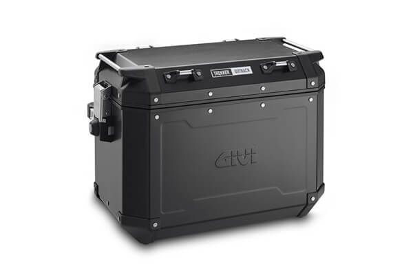Close up product shot of Givi's Trekker Outback adventure motorcycle luggage.