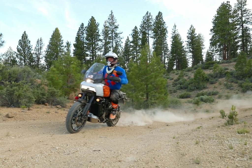 Eric riding the Pan America offroad in the backcountry in Oregon.