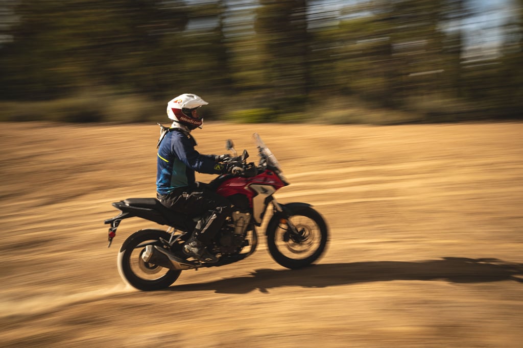 Eric riding fast while wearing the Shoei Hornet X2 Dual Sport helmet