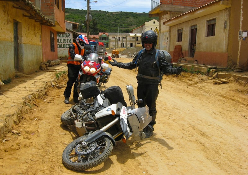 ADV rider in Colombia dropping his bike.