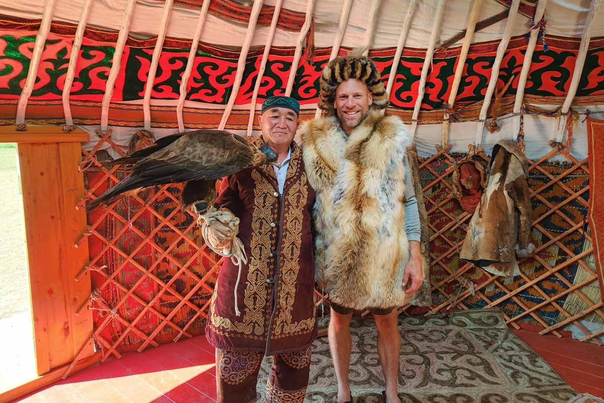 jeff with kazakh eagle hunter in ger mongolia