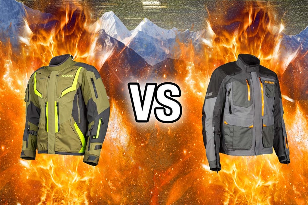Fire and Ice graphics picture of Klim Badlands Pro VS Klim Carlsbad adventure motorcycle jackets. 