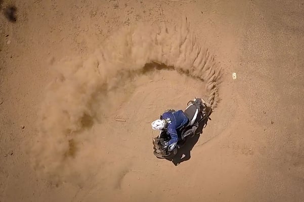 Eric pulling some cookies on the new KTM 790 Adventure with dirt flying everywhere