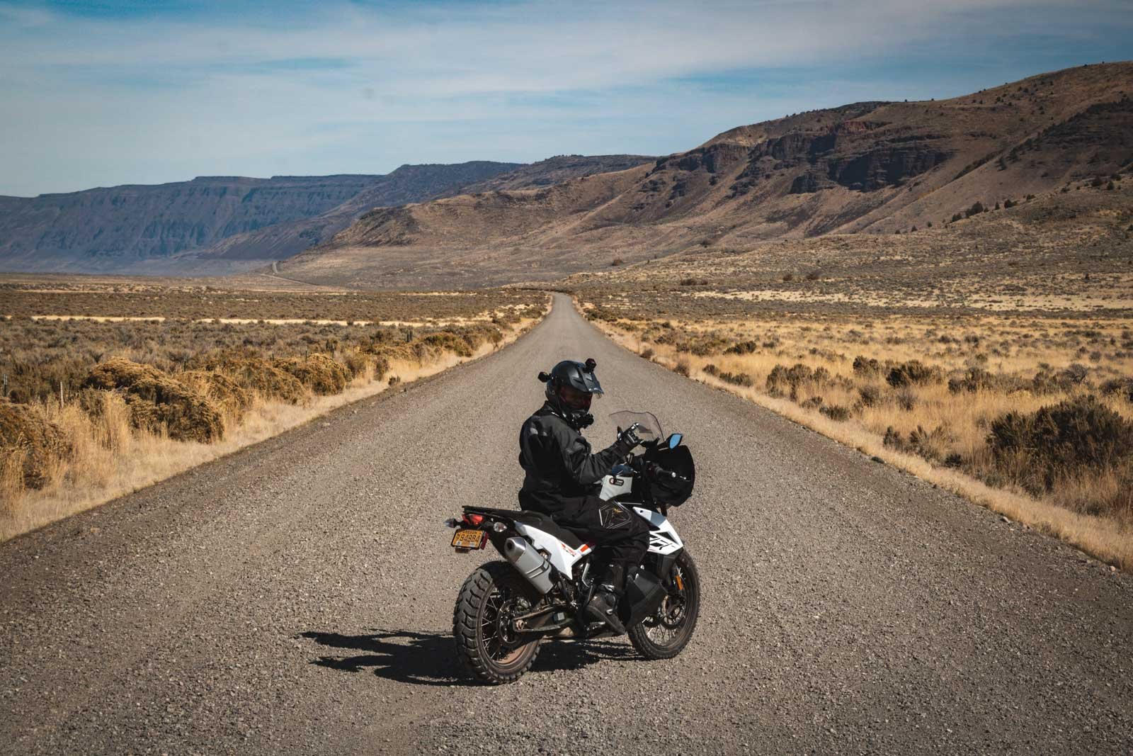 Garrett riding the KTM 790 Adventure out by Hart Mountain