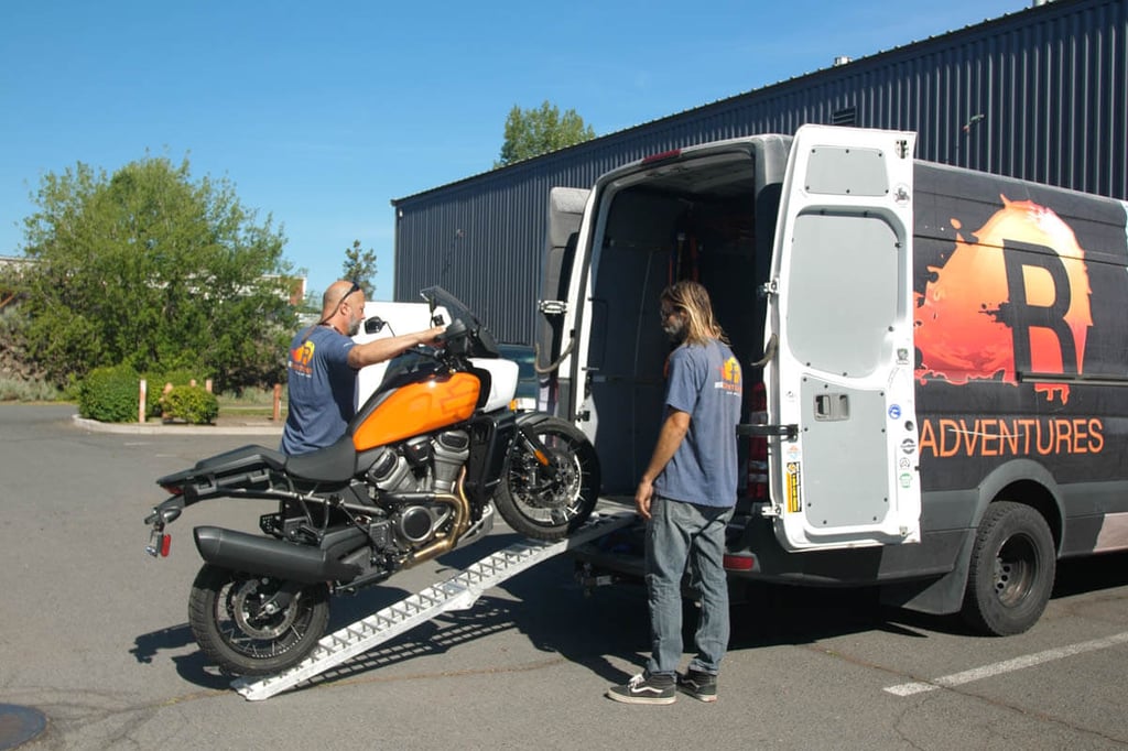 Loading the harley pan america in the support truck from Wild Horse Harley.