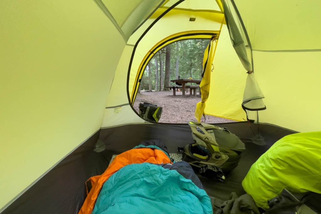 motorcycle-camping-gear-spread-out-inside-tent