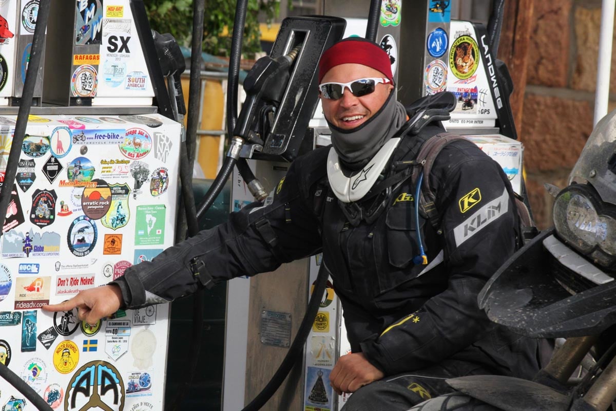 Eric refueling at the gas station in Patagonia with his extra thick thermal neck gaiter.