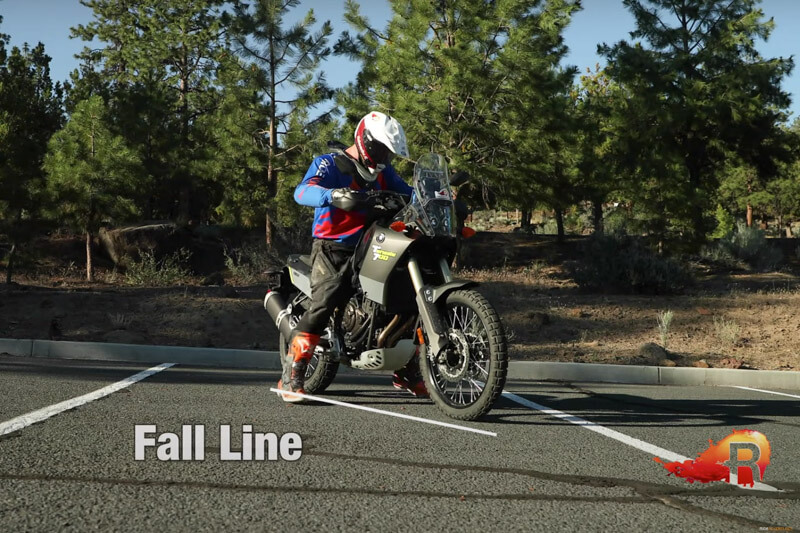 Eric demonstrating parking a motorcycle on the fall line.