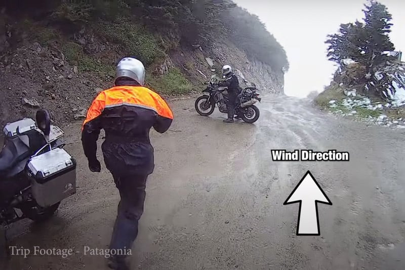 Rider getting caught horizontal in a storm in Patagonia. 