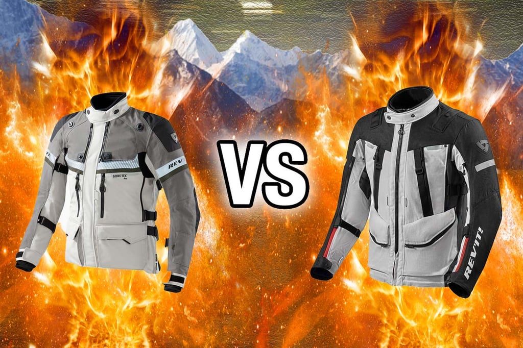 Fire and Ice graphics picture of REV'IT! Dominator GTX VS REV'IT! Sand 4 H2O adventure motorcycle jackets. 