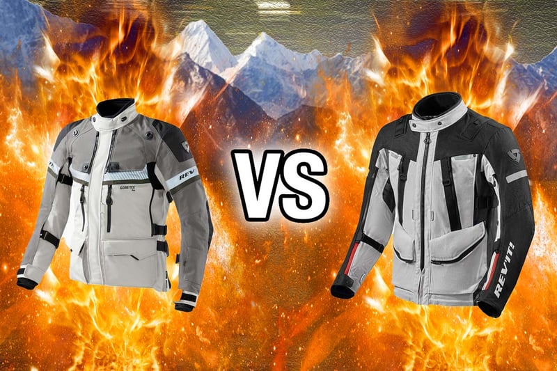 Fire and Ice graphics picture of REV'IT! Dominator GTX VS REV'IT! Sand 4 H2O adventure motorcycle jackets. 