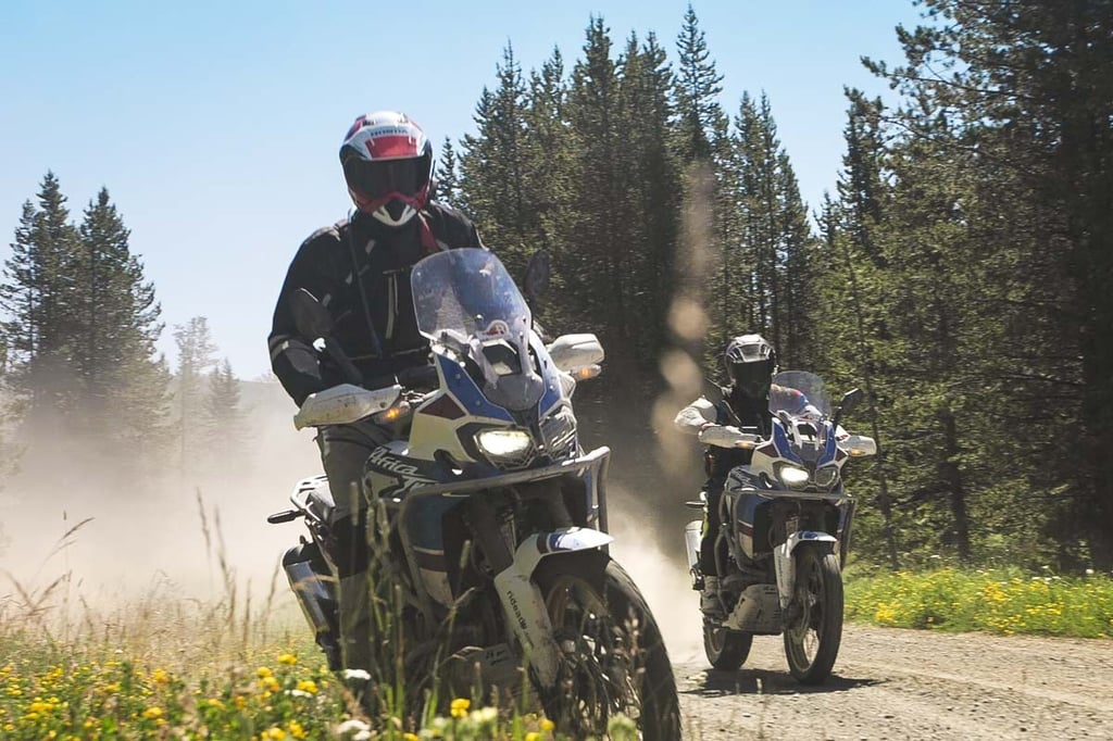 Riders blazing through the Pacific Northwest on Africa Twin Adventure bikes.