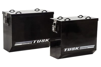 Close up product shot of Tusk's Aluminum adventure motorcycle luggage