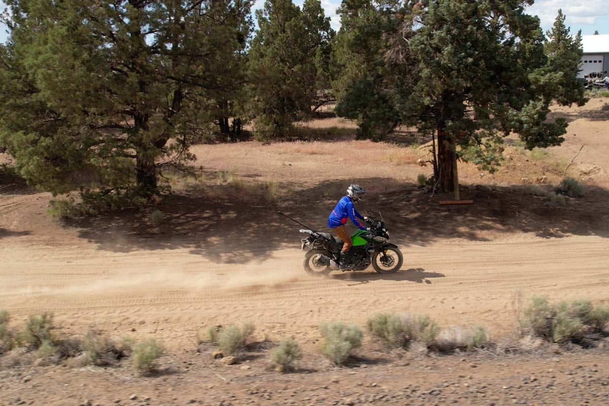 versys-x 300 spitting up sand on the sandpit at our training center in bend oregon