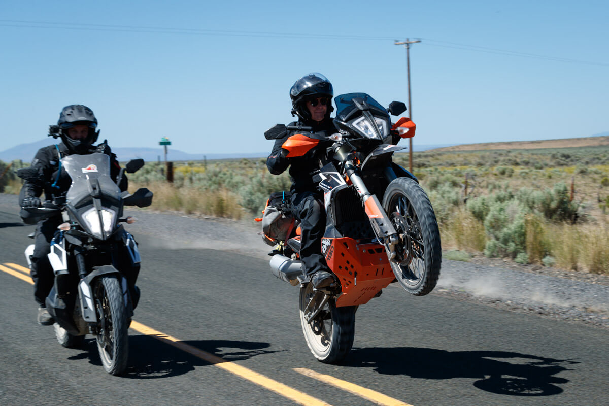 Wheelie time with a customer riding the 790 Adventure with 50/50 adventure motorcycle tires mounted.